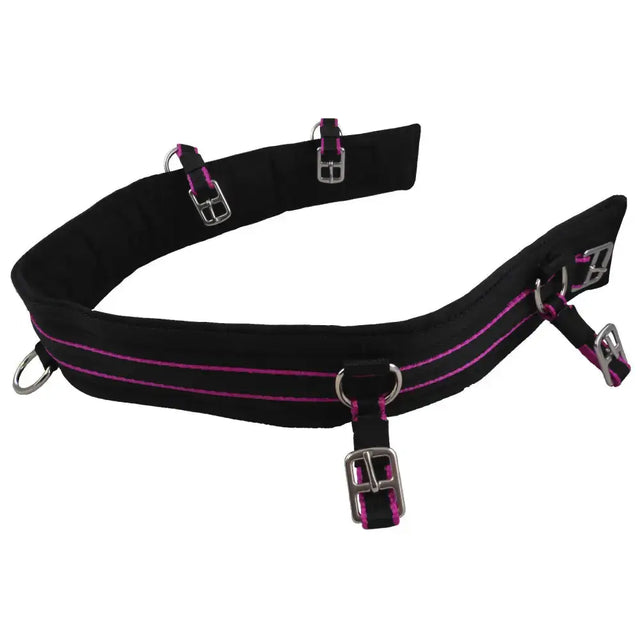 Black padded breast collar driving harness pad with purple stitching and silver metal buckles for libbys breast collar