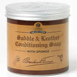 Brown jar of carr & day martin brecknell turner saddle soap with sponge tan label and silver lid traditional soft wax