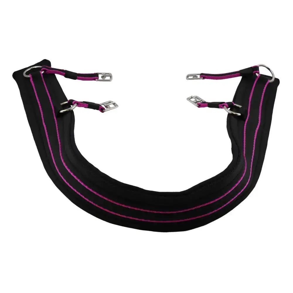 Black padded breeching driving harness saddle pad with vibrant pink stitching and silver metal buckles