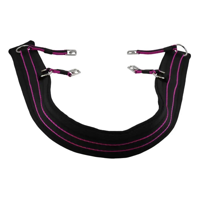 Black padded breeching driving harness saddle pad with vibrant pink stitching and silver metal buckles
