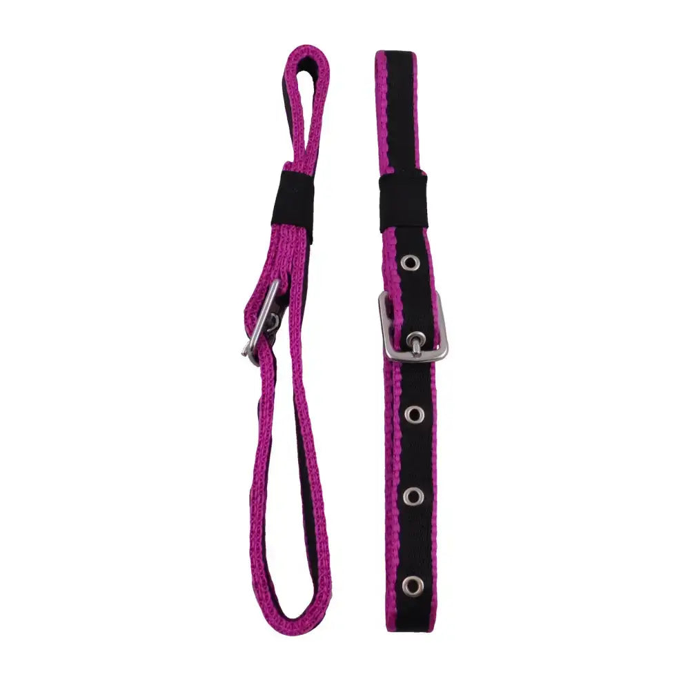 Fuchsia and black soft webbing breeching strap with metal buckle and d-ring attachment by libbys breeching straps