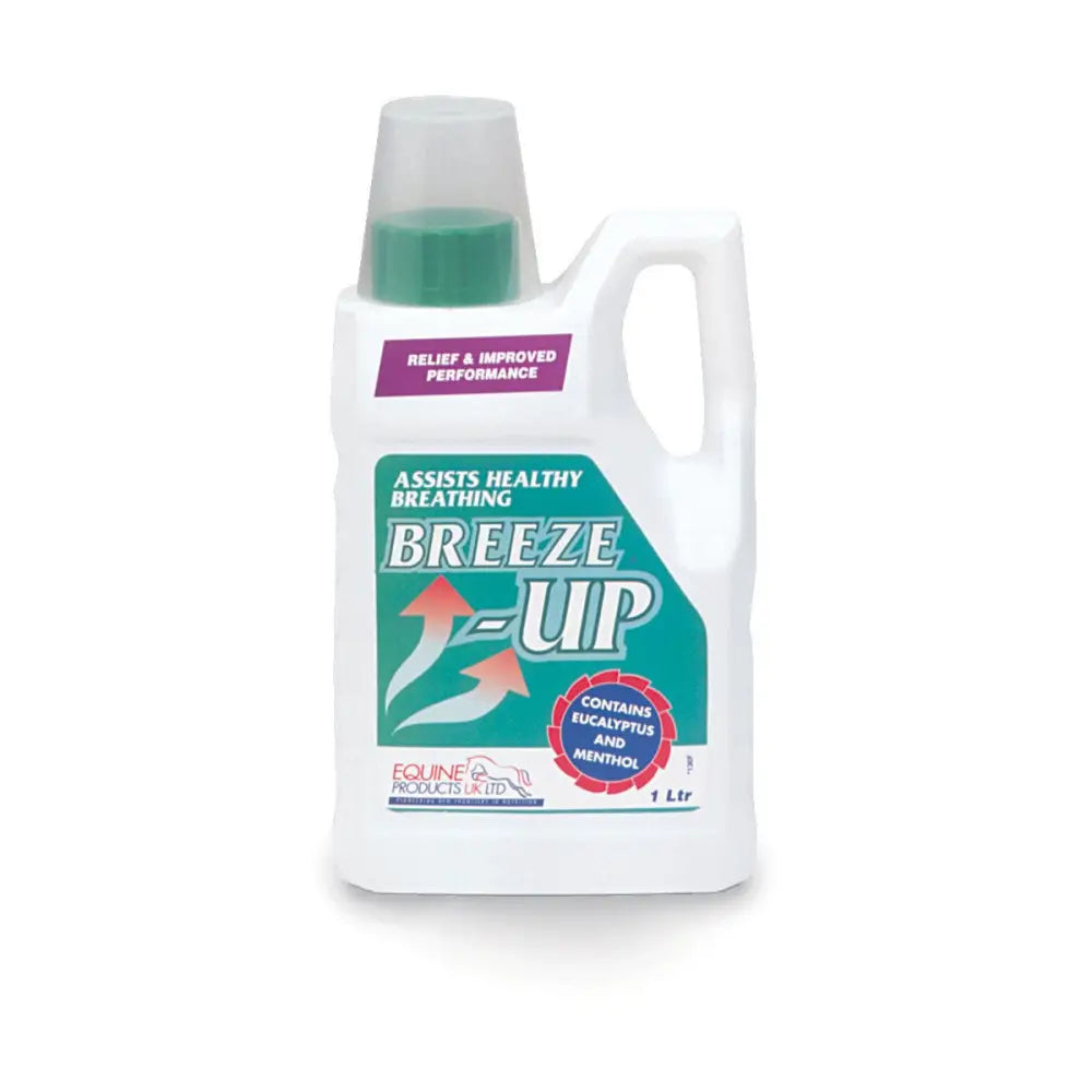 White plastic bottle with green cap and breeze-up label designed to assist healthy breathing in horses in hostile environments