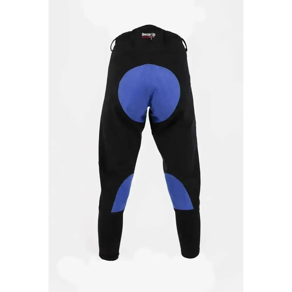 Black breeze up exercise breeches with blue optional contrasting seat padded sections and technical teflon coated fabric