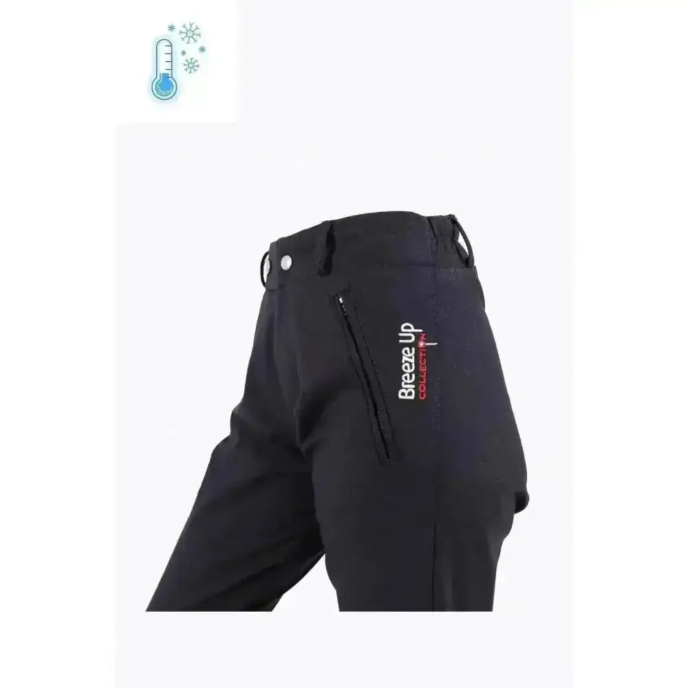 Black breeze up exercise breeches with sleek modern design technical teflon coated and subtle red side embroidery