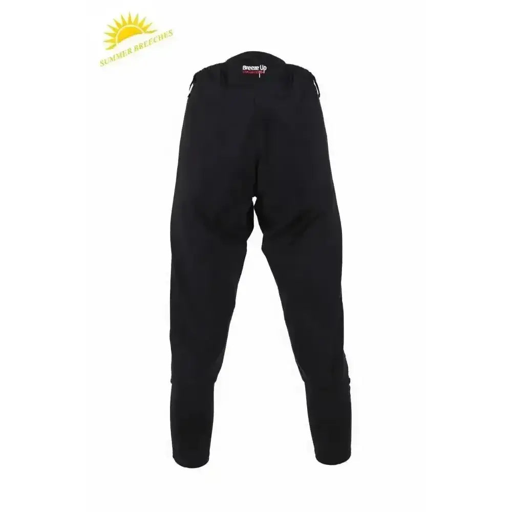 Black breeze up exercise breeches with technical teflon coated fabric and snug fit featuring elasticated cuffs