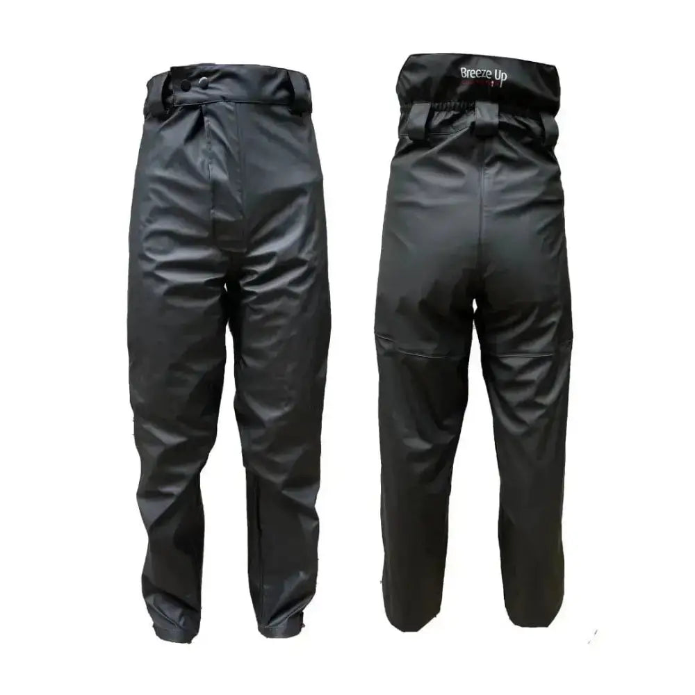 Black breeze up monsoon winter waterproof trousers with shiny durable fabric and elastic waistband for unisex use