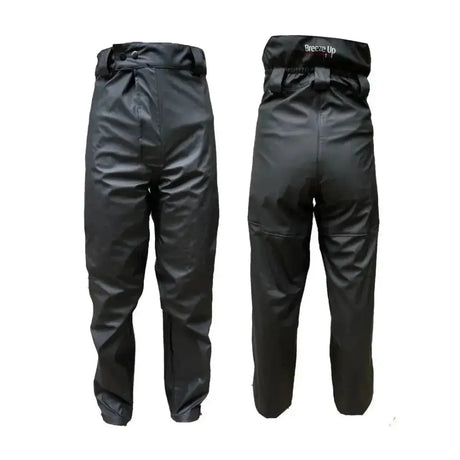 Black breeze up monsoon winter waterproof trousers with shiny durable fabric and elastic waistband for unisex use