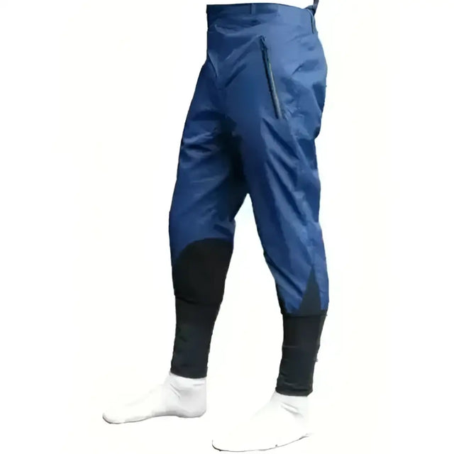Breeze up waterproof over trousers 3 4 breeches in blue and black made with tough high performance waterproof material and reinforced seat