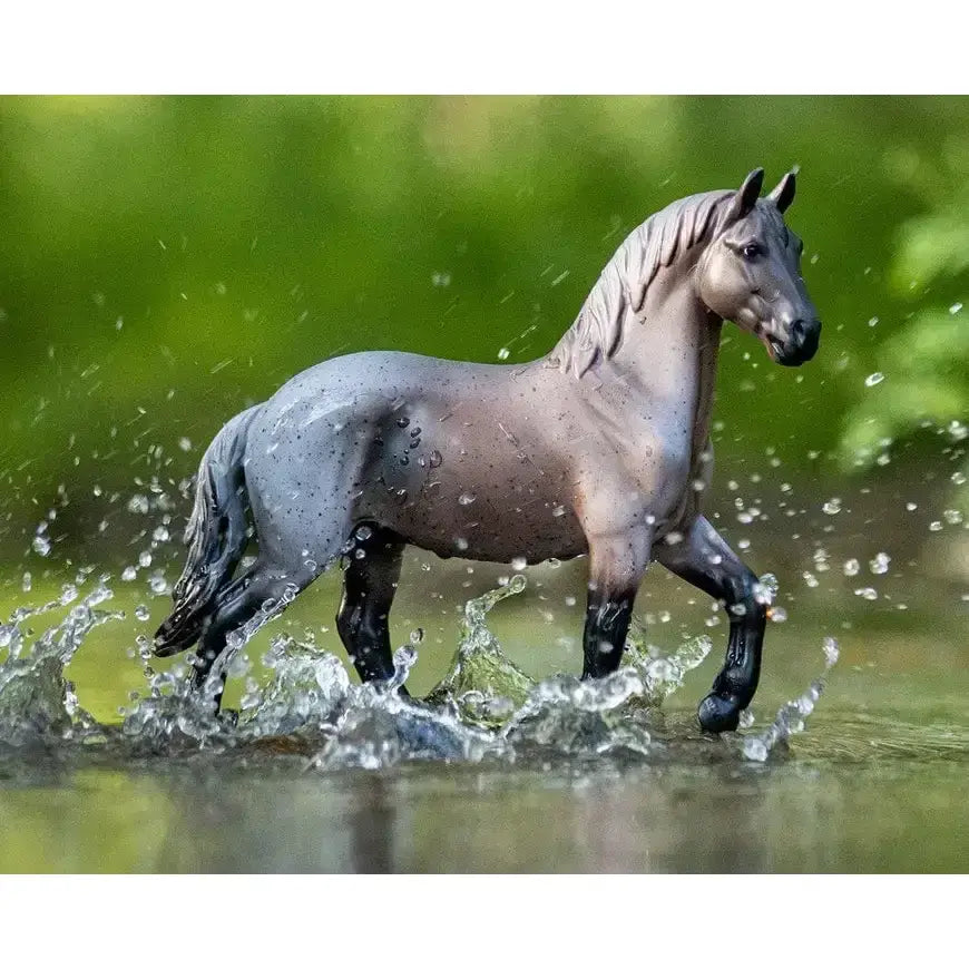Breyer blue roan brabant plastic horse figurine mid stride in gray and black splashing through water