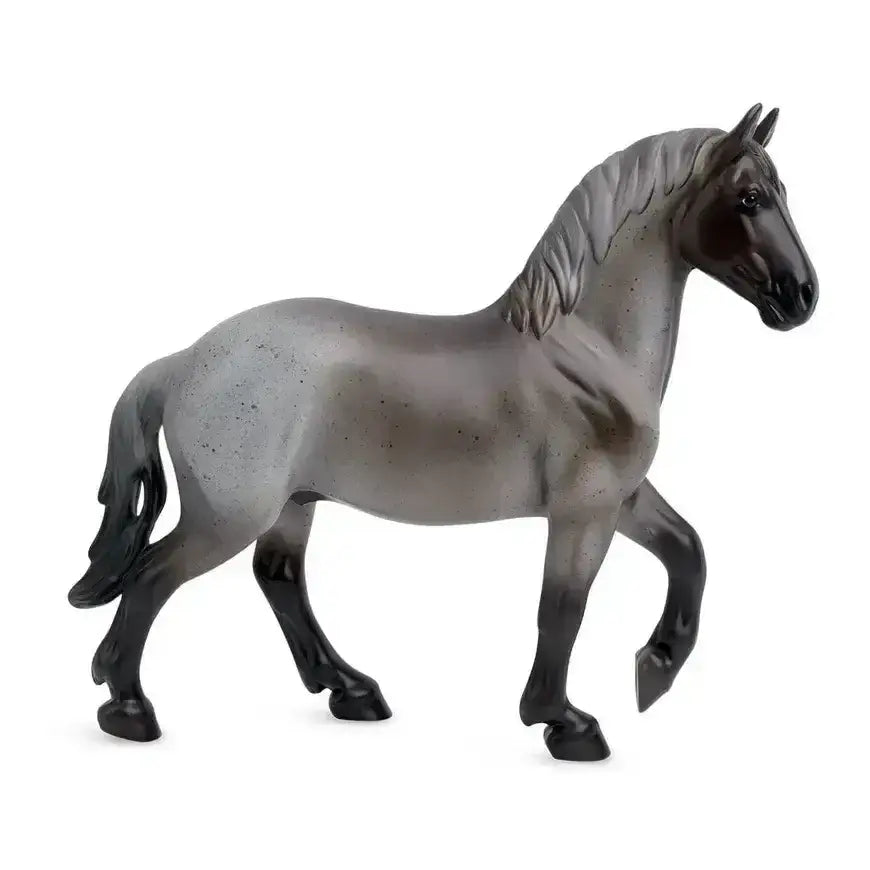Gray and black plastic breyer blue roan horse figurine with speckled coat detailed mane and tail roan brabant model