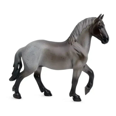 Gray and black plastic breyer blue roan horse figurine with speckled coat detailed mane and tail roan brabant model