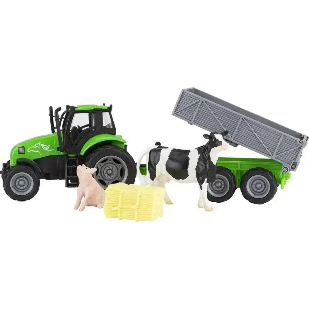 Green plastic breyer farm tractor with black accents and gray tag-a-long wagon from breyer farms collection