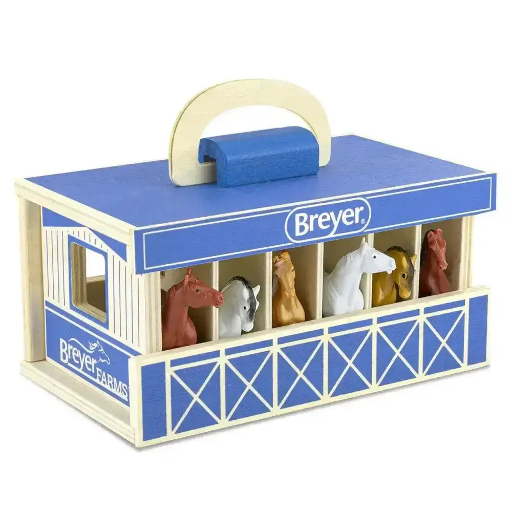 Blue and cream wooden breyer farms wooden carry case with five miniature horses inside for easy transport