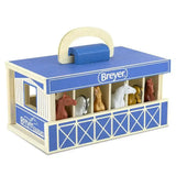 Blue and cream wooden breyer farms wooden carry case with five miniature horses inside for easy transport