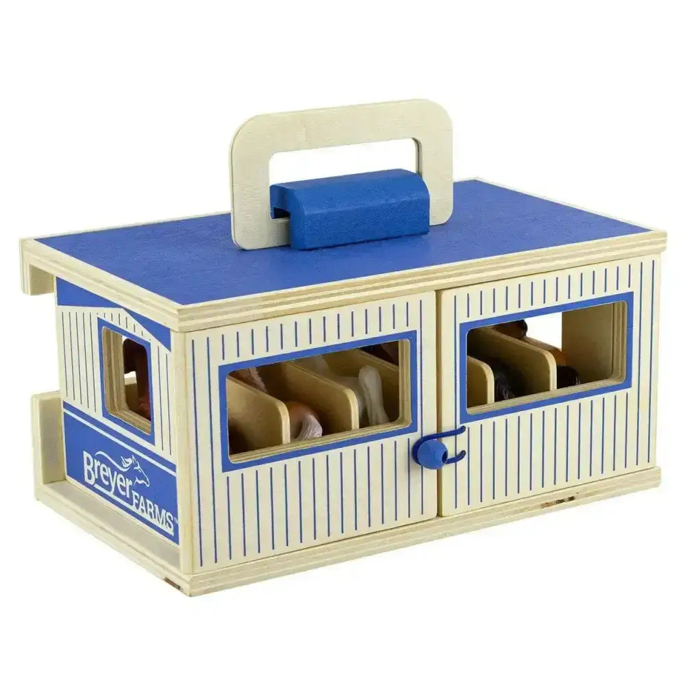 Breyer farms wooden carry case blue and cream wooden toy stable with handle for easy carrying and storage