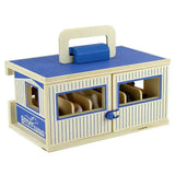 Breyer farms wooden carry case blue and cream wooden toy stable with handle for easy carrying and storage