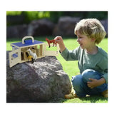 Breyer farms wooden carry case with blue roof and white handle featuring wooden toy stable and miniature horses inside