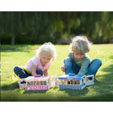 Two breyer toy horse carriages in pink white magic and blue white lattice designs in breyer farms wooden carry case