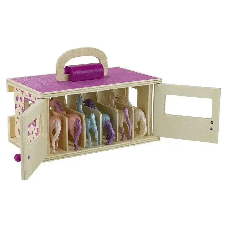 Breyer unicorn magic wooden carry case with purple lid and handle holding six colorful plastic horses in stalls