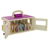 Breyer unicorn magic wooden carry case with purple lid and handle holding six colorful plastic horses in stalls