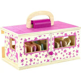 Pink and cream wooden toy horse stable with star decals and purple handle in breyer unicorn magic wooden carry case