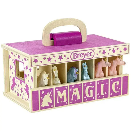 Purple and cream wooden carry case with five breyer unicorn magic figurines inside perfect for storage and display