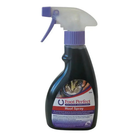 Dark green plastic brinicombe foot perfect hoof spray bottle with purple trigger to improve hoof problems