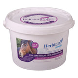 White plastic bucket of brinicombe herbilix convenient lick designed for low sugar horse licks with horse image label