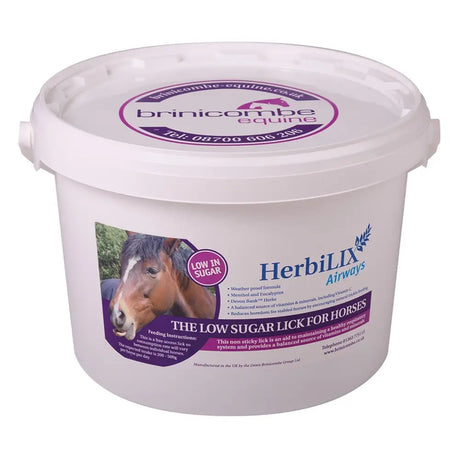 White plastic bucket of brinicombe herbilix convenient lick designed for low sugar horse licks with horse image label