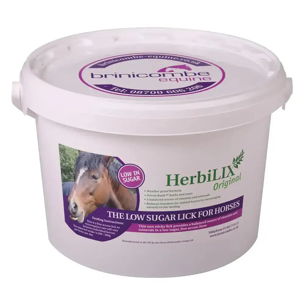 White plastic bucket with purple and green brinicombe herbilix label containing a convenient lick designed for horses