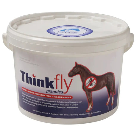 White plastic bucket of brinicombe think fly granules fly repellent supplement for horse fly and mite protection