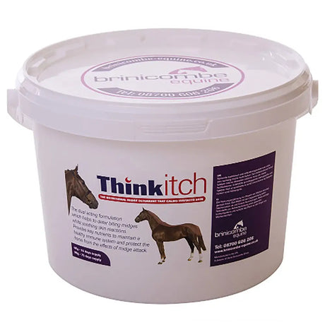 White plastic tub of brinicombe think itch fly formula combined horse skin supplement to maintain healthy skin