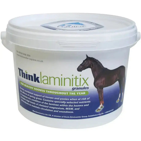 White plastic tub of brinicombe think laminitix granules for horses with green text to maintain circulation and metabolic equilibrium