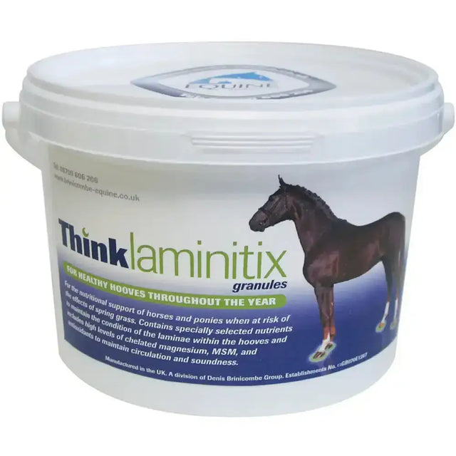 White plastic tub of brinicombe think laminitix granules for horses with green text to maintain circulation and metabolic equilibrium