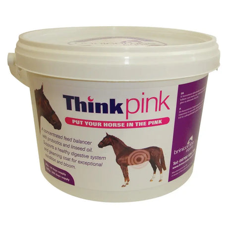 White plastic bucket of brinicombe think pink concentrated feed balancer with minerals specially selected for healthy digestive support in horses