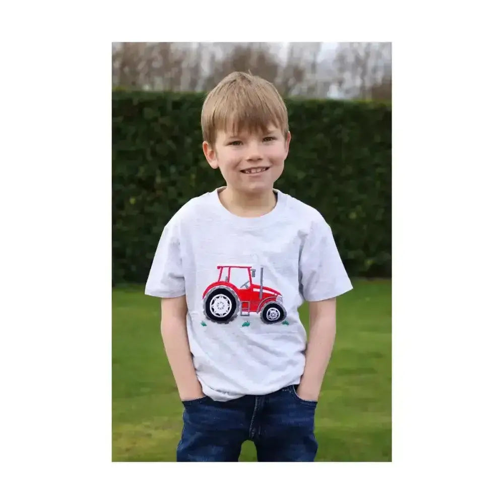 White t-shirt from british country collection with red big red tractor childrens embroidery on front