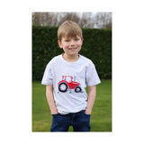 White t-shirt from british country collection with red big red tractor childrens embroidery on front