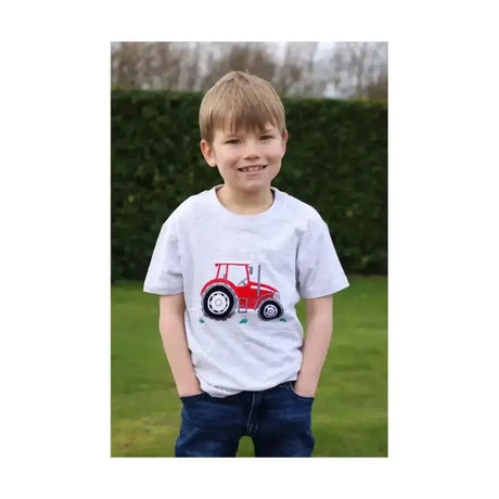 White t-shirt from british country collection with red big red tractor childrens embroidery on front