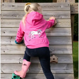 Pink hoodie from the british country collection showing the back with a white dancing unicorn childs graphic design