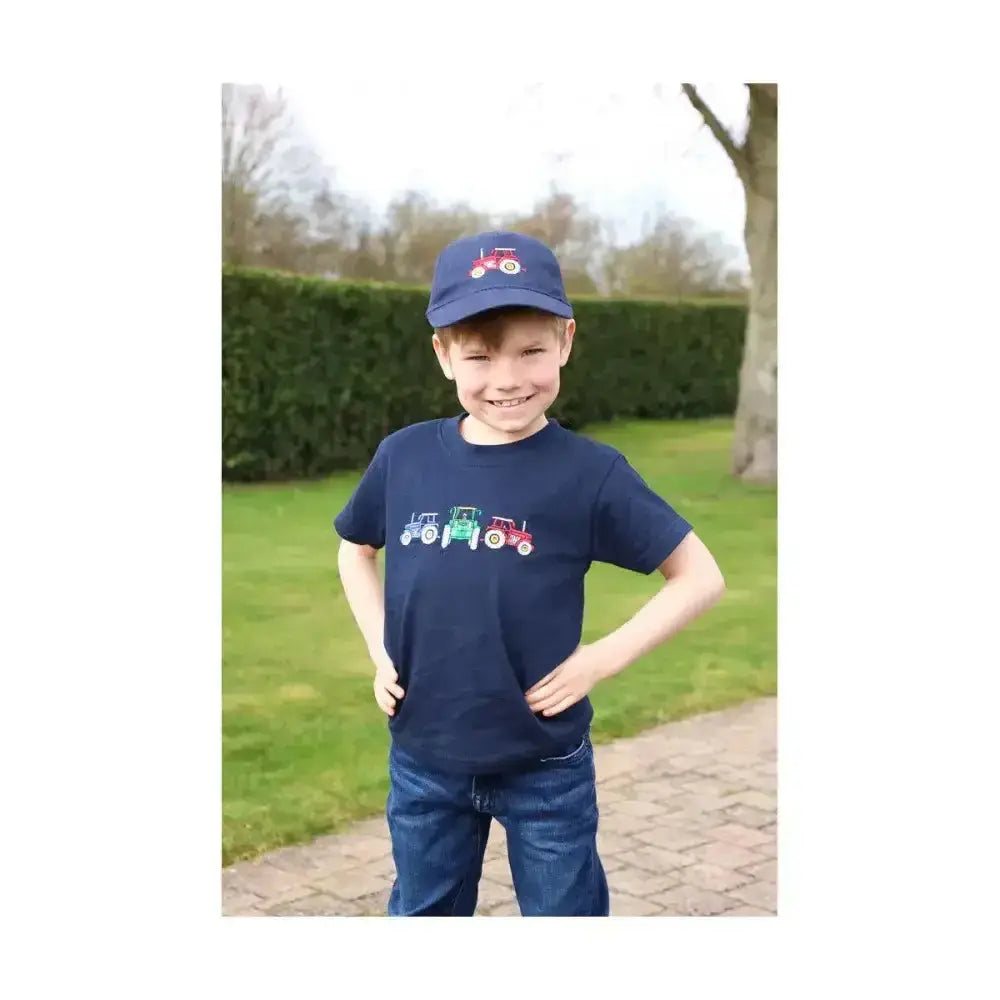 Navy blue childrens t-shirt from british country collection three tractors with colorful tractor embroidery and matching cap