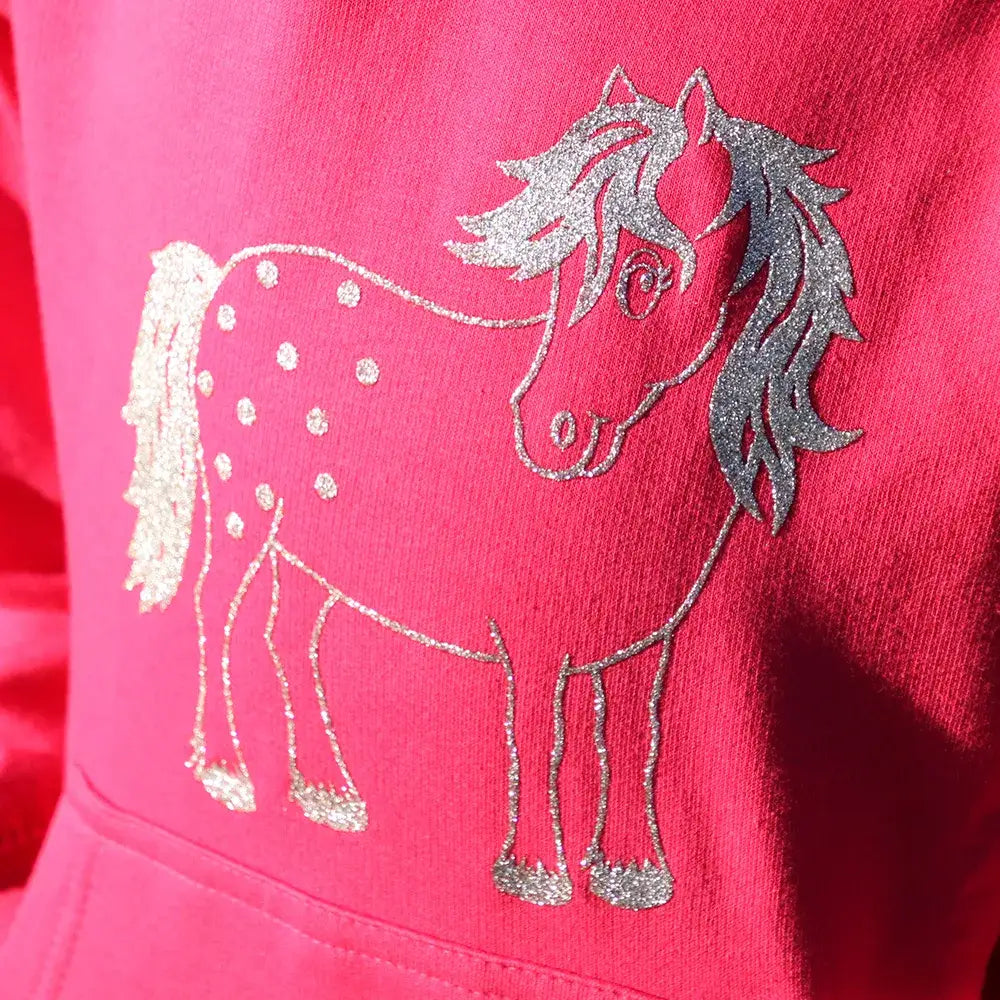 Embroidered horse design on pink fabric from British Country Collection Twinkle Pony Hoodie