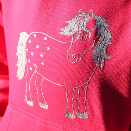 Embroidered horse design on pink fabric from British Country Collection Twinkle Pony Hoodie