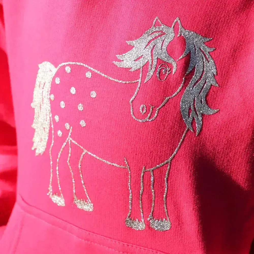 Pink children’s top from british country collection with twinkle pony glitter horse appliqué and contrasting mane details