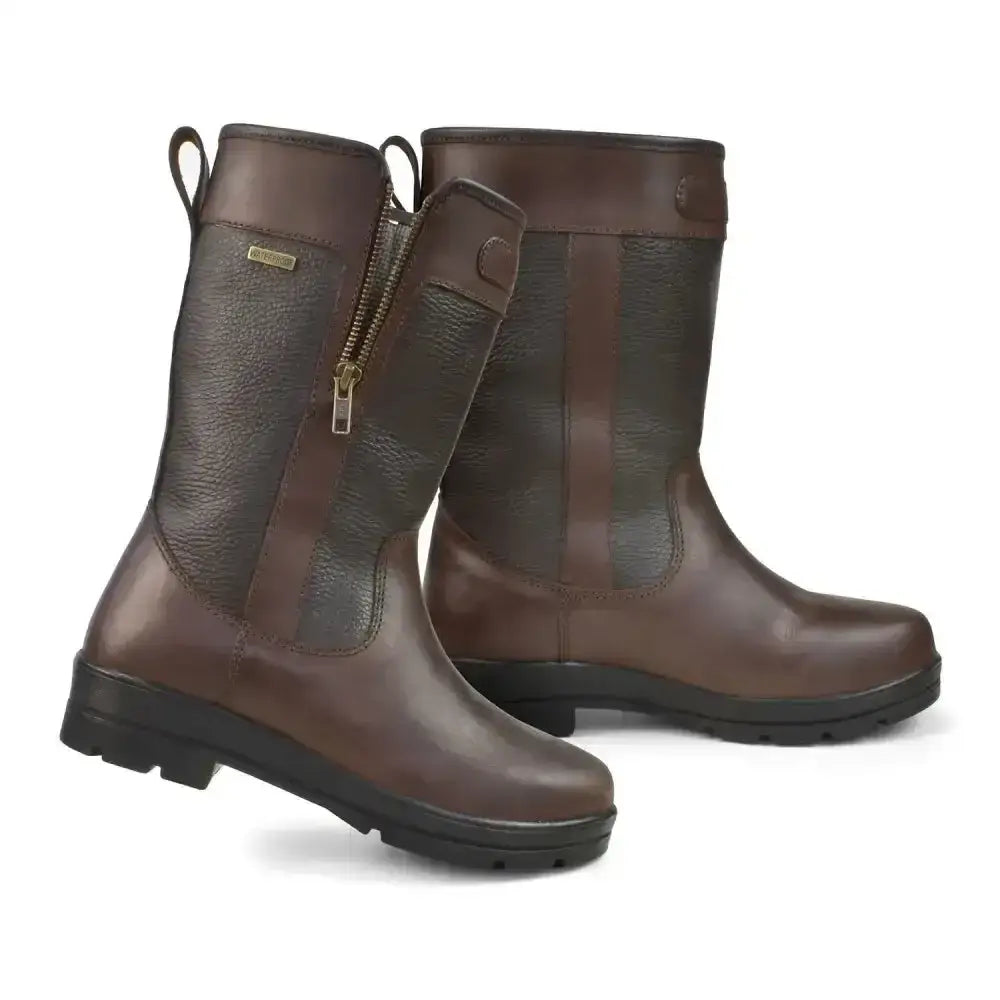 Brown leather brogini abruzzo mid-calf country boots with dark brown panel and gold zipper detail