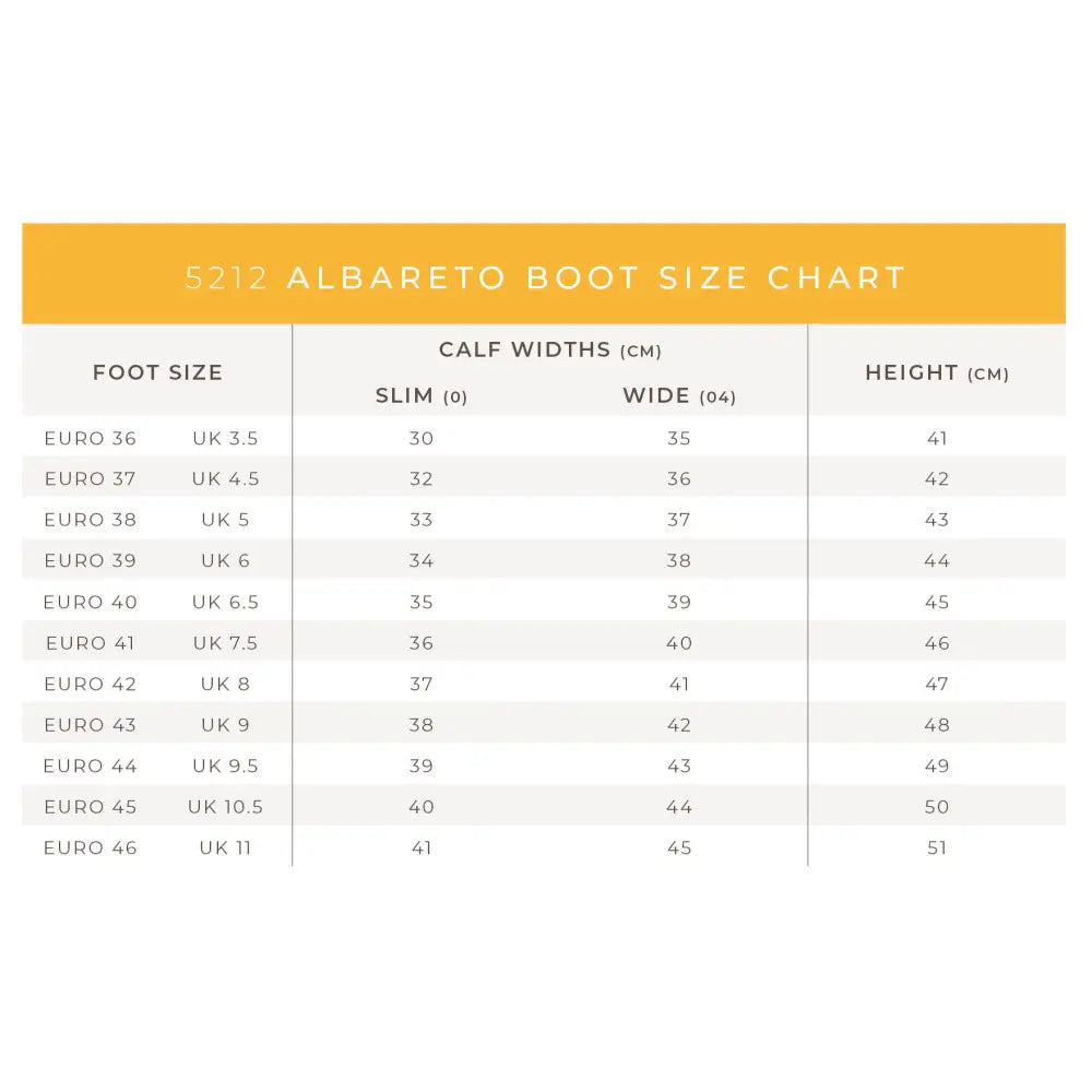 Brogini albareto easy-care field boots size chart showing measurements in eu uk and cm for foot and calf widths