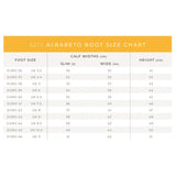 Brogini albareto easy-care field boots size chart showing measurements in eu uk and cm for foot and calf widths