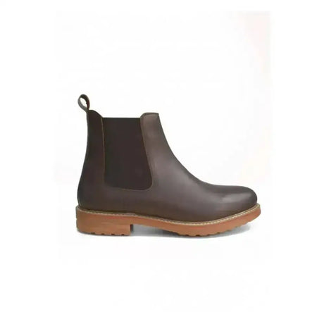 Dark brown leather brogini ardenza chelsea boots with tan deep cleated rubber sole and elastic side panels