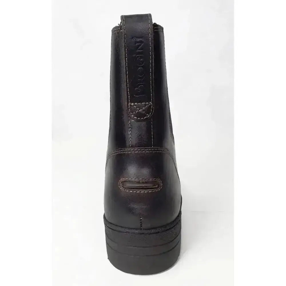 Back view of black leather brogini bolzano yard heavy-duty yard boot with chunky platform sole and embossed brand name