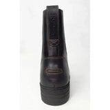 Back view of black leather brogini bolzano yard heavy-duty yard boot with chunky platform sole and embossed brand name