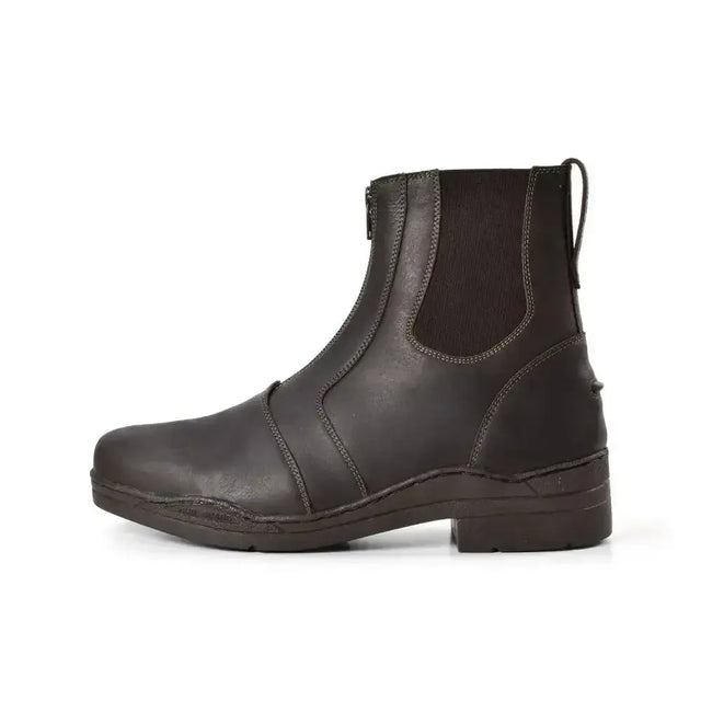 Dark brown leather brogini bolzano yard heavy-duty yard boot with elastic side panels and back zipper pull visible